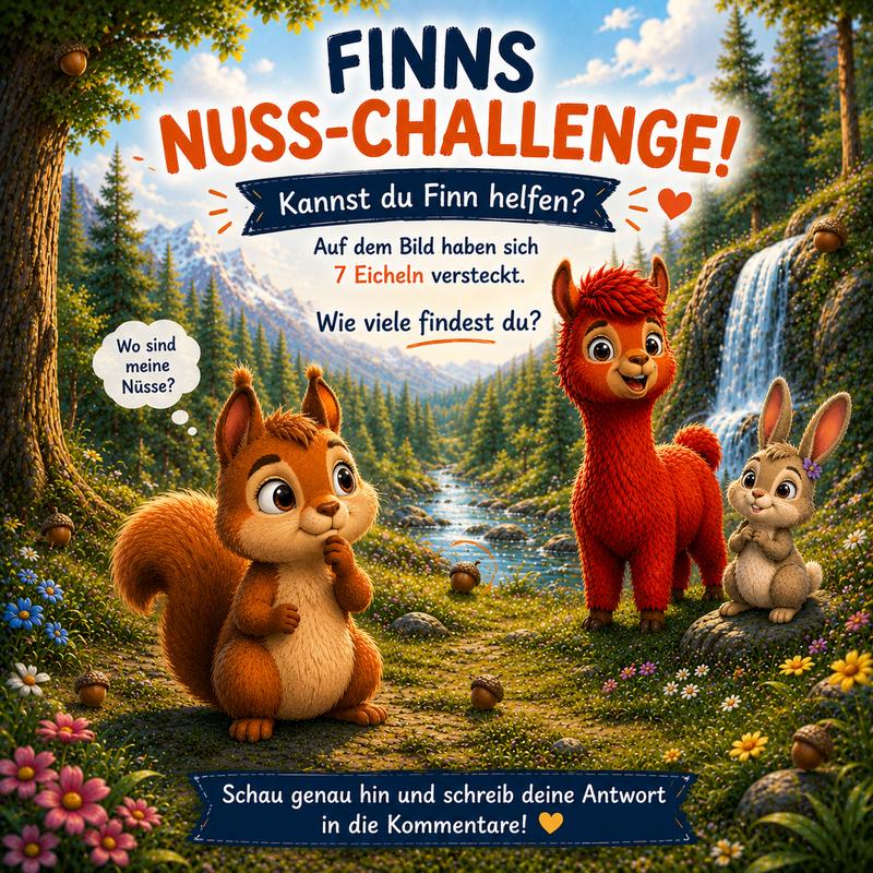 Finn das Eichhörnchen, Liam das Lama und ein Hase auf einer Waldlichtung. Im Bild sind sieben Eicheln versteckt.